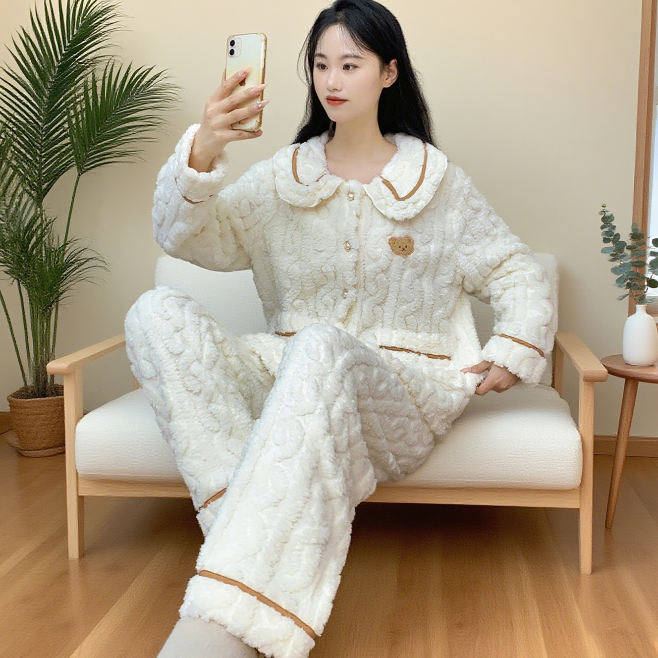 冬款睡衣女法兰绒加绒加厚保暖宽松时尚可外穿家居服套装【Y91】