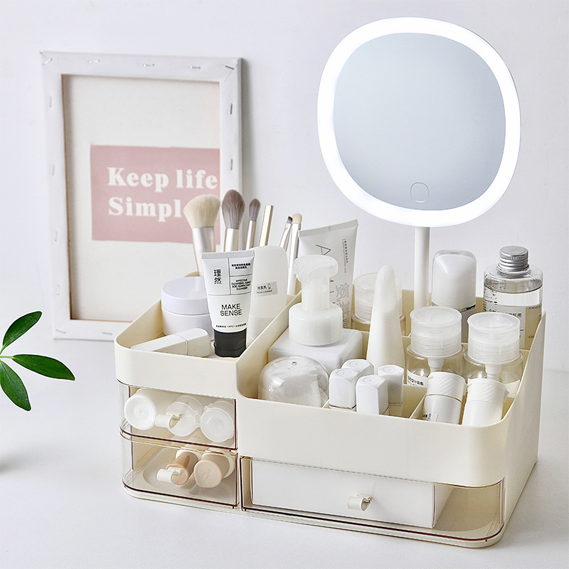 多功能化妆品收纳盒桌面梳妆台化妆镜护肤品置物架口红整理箱批发