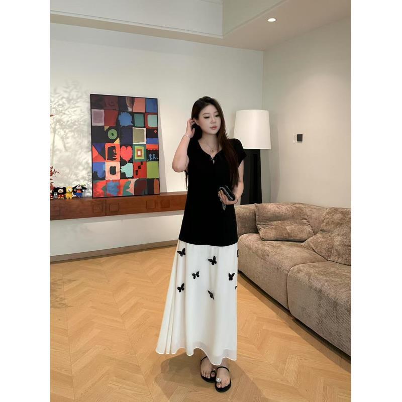 琪琪怪怪大码女装【蝴蝶爱丽丝】设计感高级拼接撞色连衣裙D17251QD