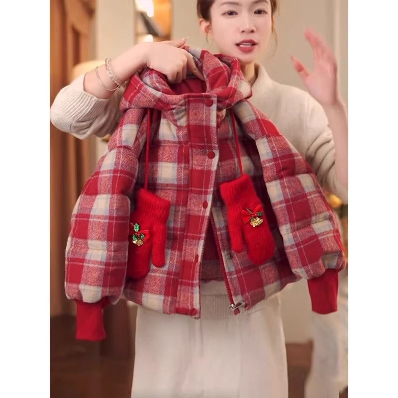 女童冬装棉服2025新款洋气儿童圣诞女孩格子厚外套衣冬季棉袄外套