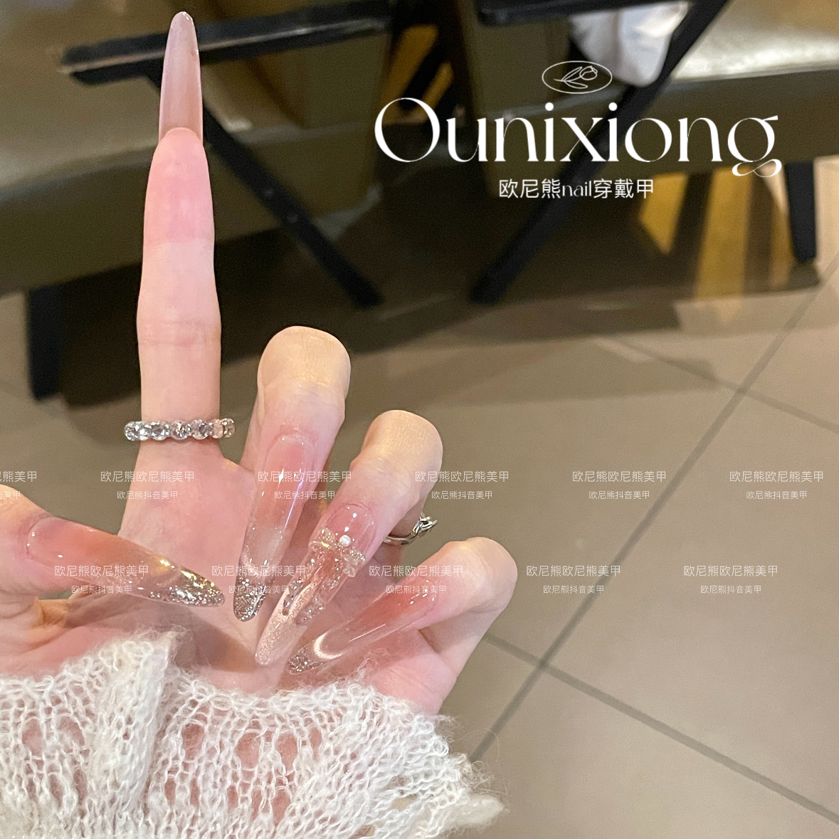 细冰透碎钻穿戴渐变夏日温柔超闪美甲甲片穿戴式纯手工裸色