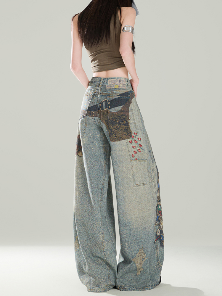 【清仓+运费险】美式印花拖地牛仔裤女秋冬梨形身材显瘦百搭阔腿裤