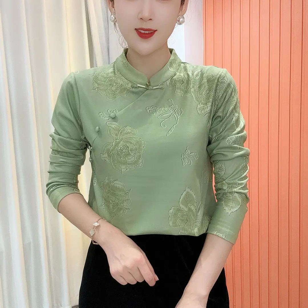 2025冬季新款立领印花气质百搭时尚长袖减龄加绒打底衫上衣女气质