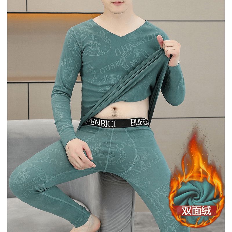 雅鹿男士双面德绒保暖内衣秋冬季无痕秋衣秋裤套装青年V领打底衫