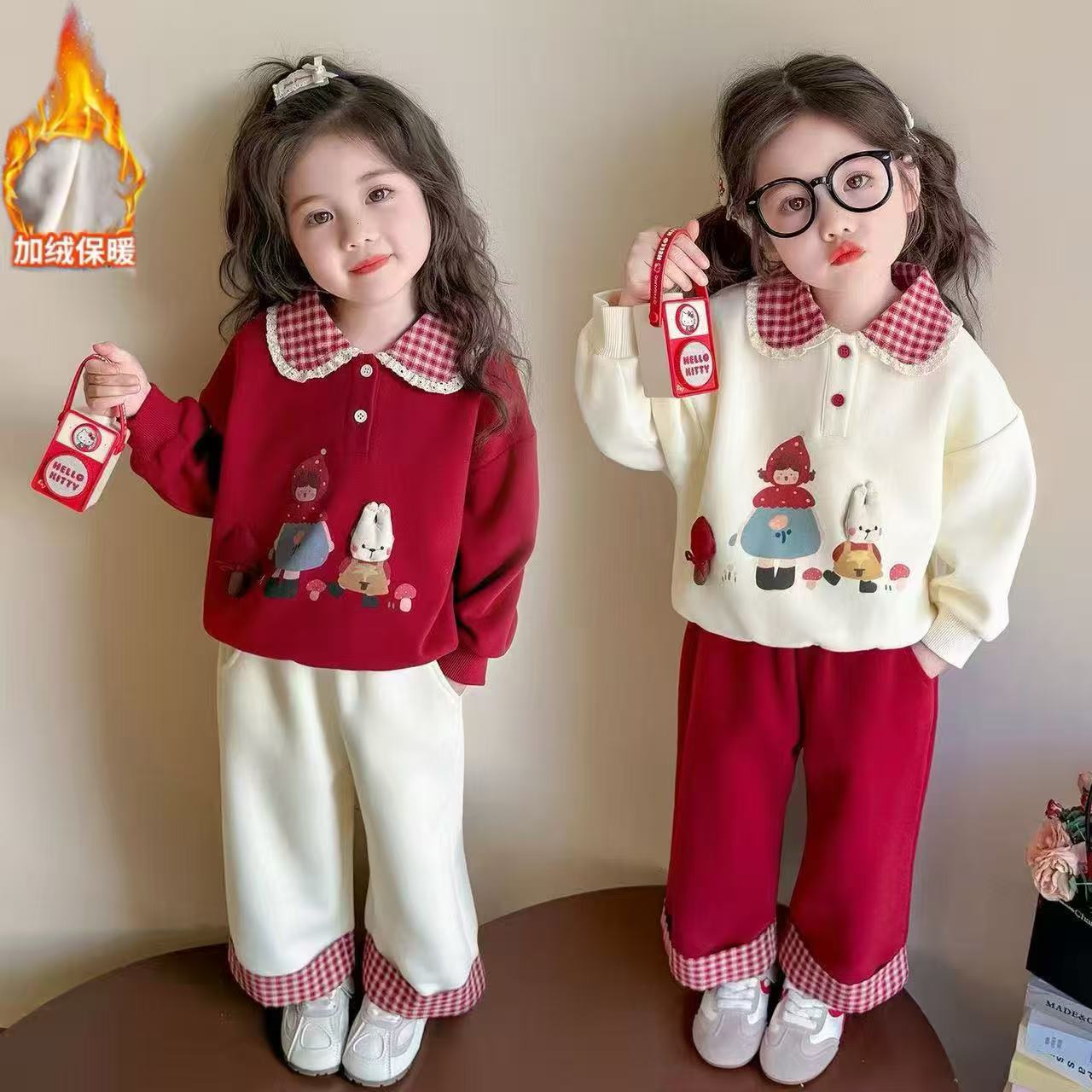 【加绒加厚】女童2025冬上新卡通花边领加绒加厚卫衣阔腿裤两件套