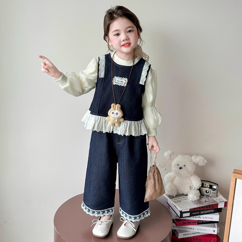 女童秋装牛仔三件套2025新款巨好看套装儿童女宝洋气时髦韩系穿搭