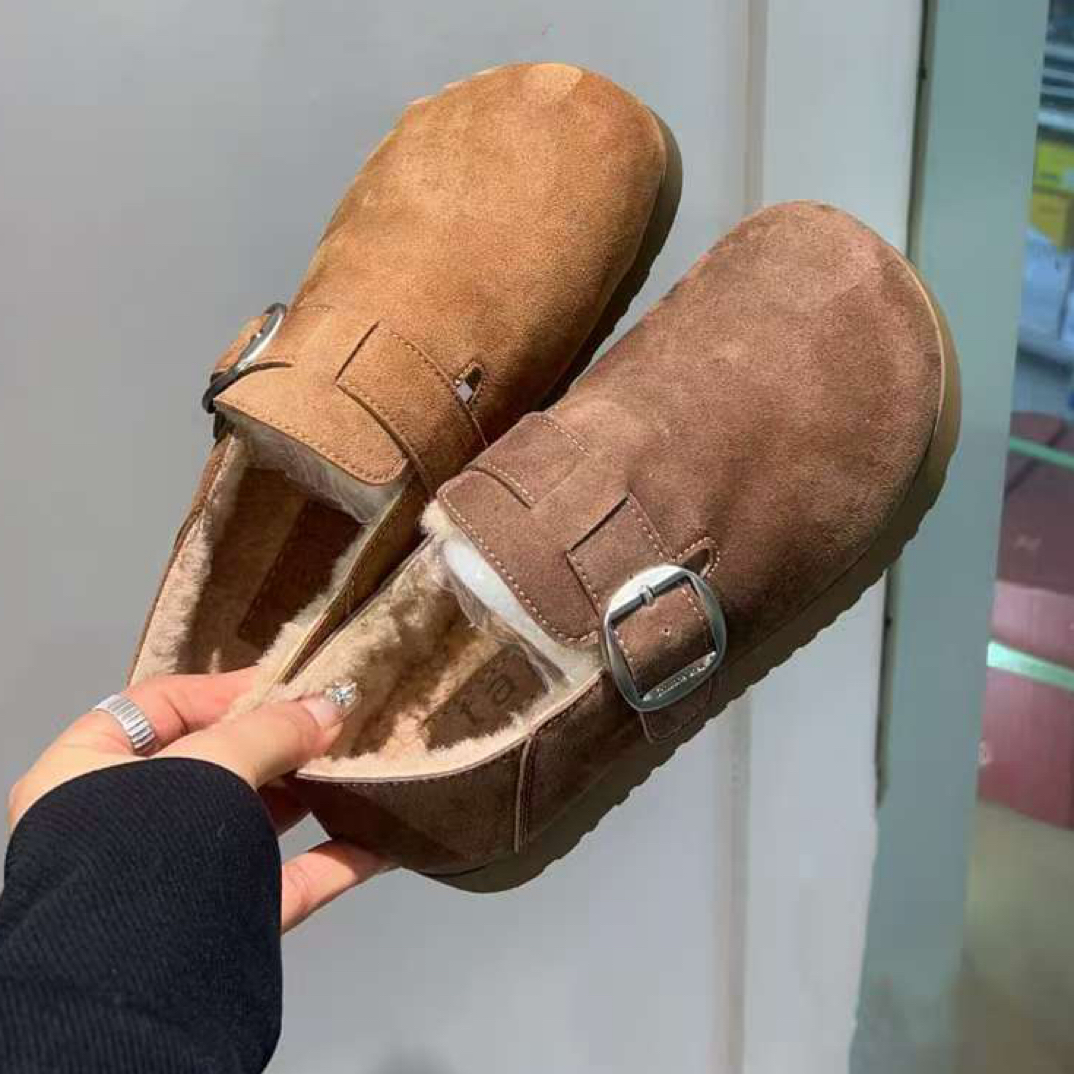 真皮勃肯鞋女加绒冬2025新款一脚蹬平软底舒适乐福豆豆休闲棉鞋