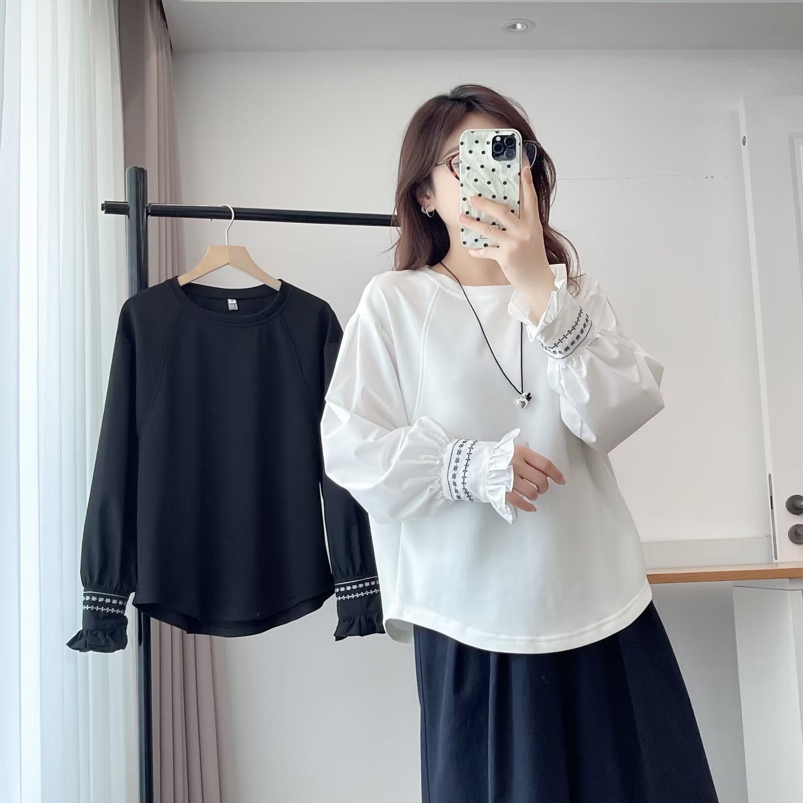 【雪姐宠粉】大码秋季微胖女士拼接镂空T恤拼接时尚气质圆领2582