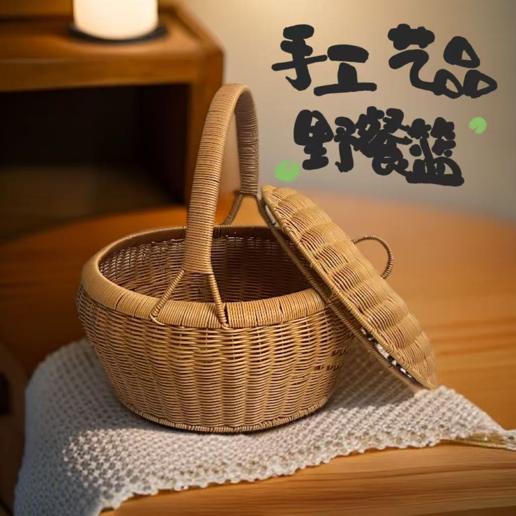 【棕色圆形单提手郊游野餐篮】手工藤编质感足郊游装零食拎着不勒手