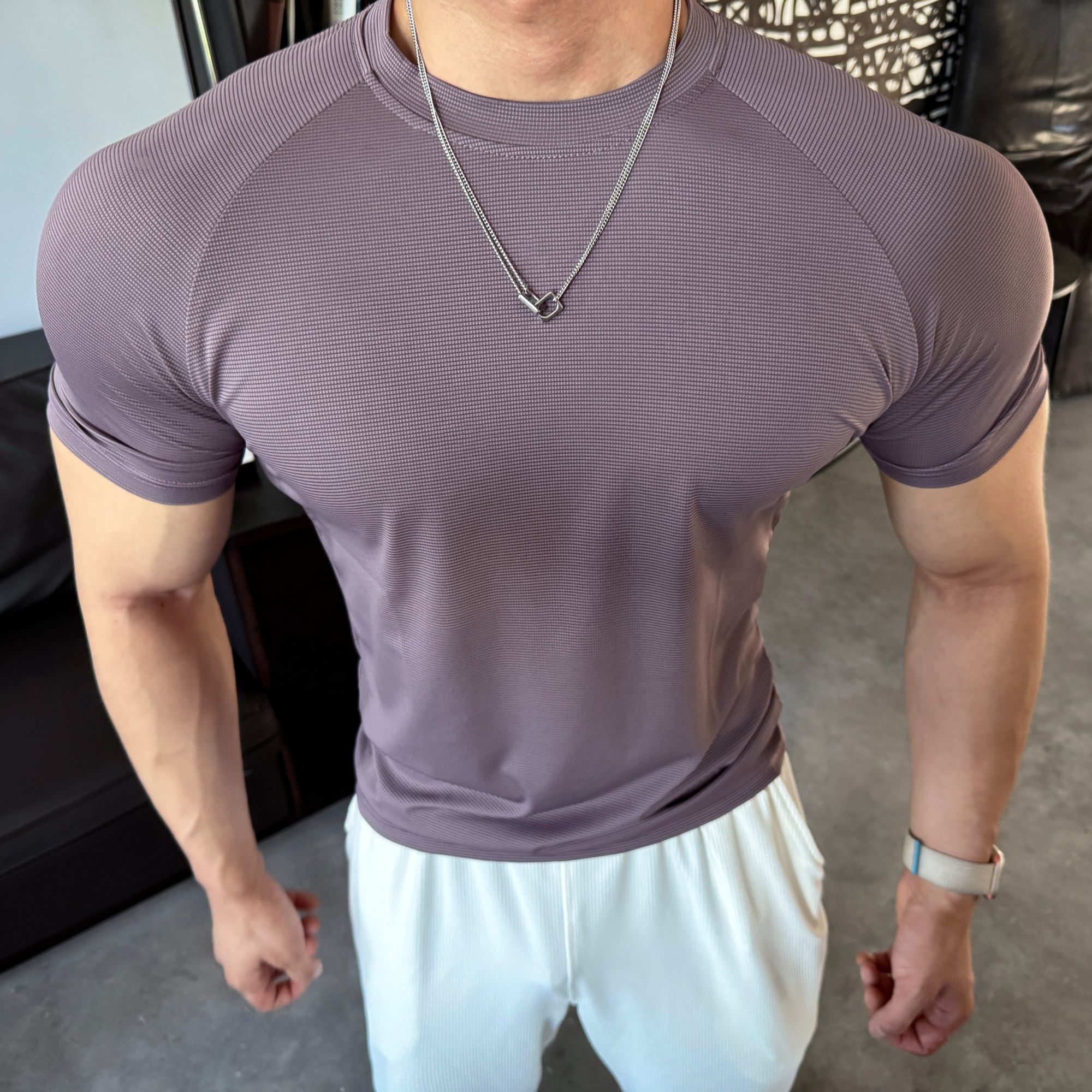 夏季美式短袖方格质感冰丝凉感运动跑步训练速干纯色T恤圆领透气