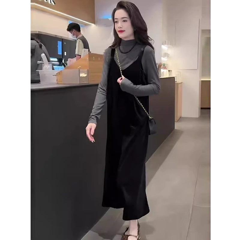 入秋搭配一整套装女时尚洋气上衣打底衫丝绒吊带裙显瘦气质两件套