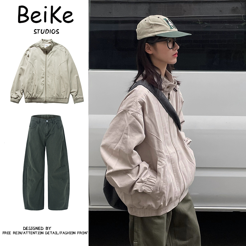 两件装/复古爆款潮流百搭立领工装夹克情侣宽松春秋拉链休闲外套