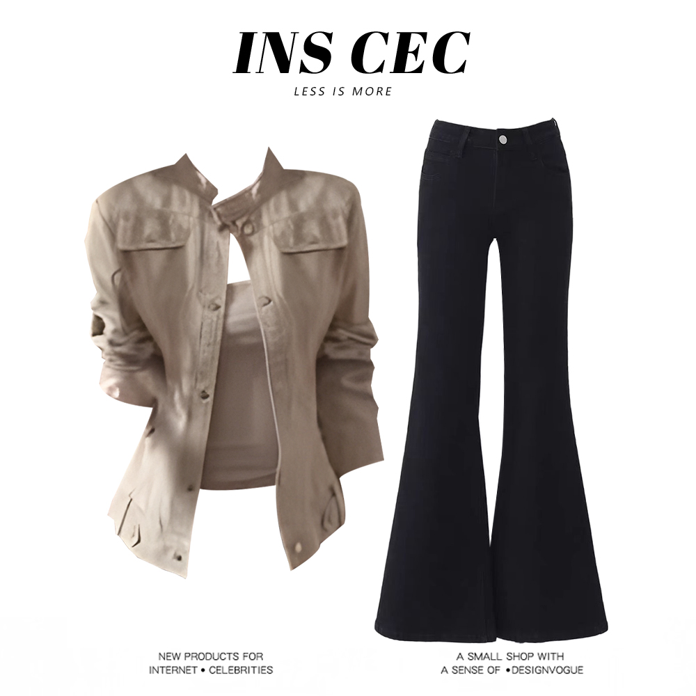 parkyeon复古风夹克外套内搭2025秋季吊带背心黑色阔腿裤三件套