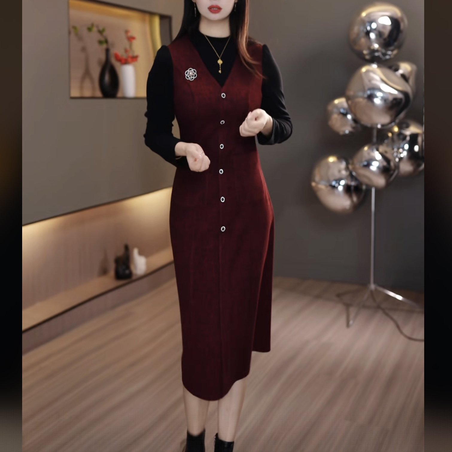 【连衣裙】红色冬季新款连衣裙加厚打底八片立体裁剪长袖简约连衣裙