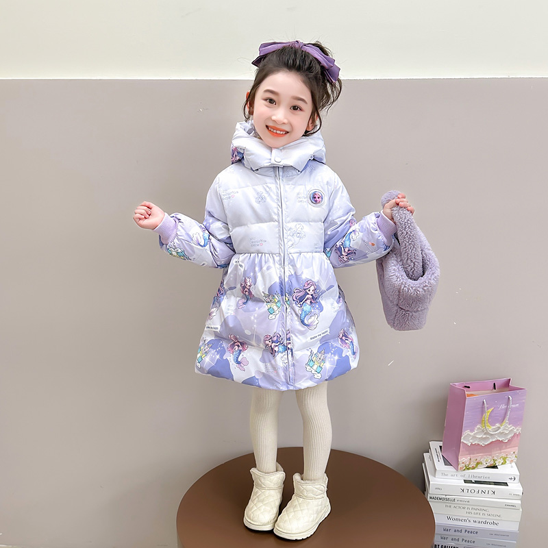 女童羽绒服中长款美人鱼冬季新款儿童卡通印花洋气白鸭绒保暖外套