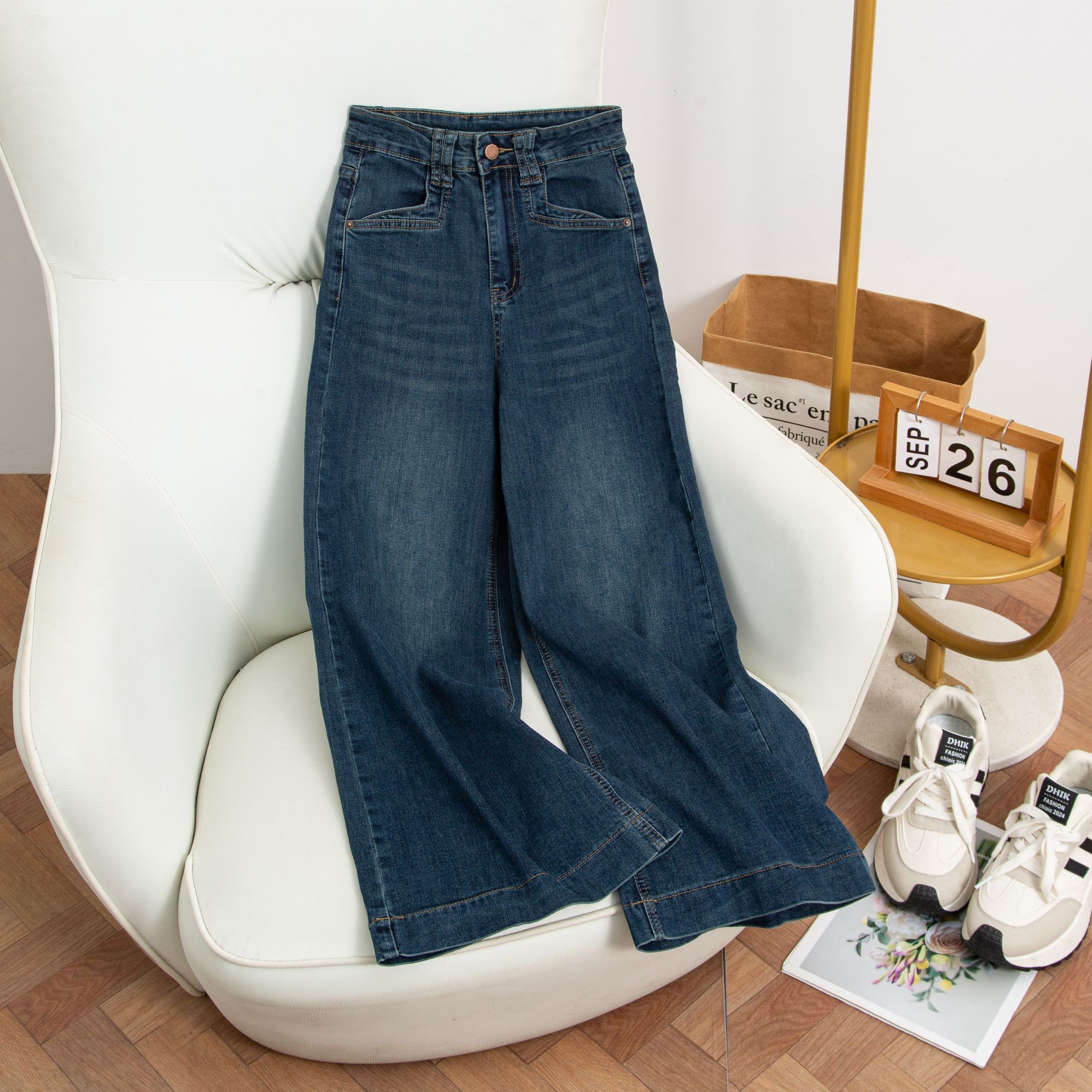 冬季加绒弹力高腰阔腿牛仔裤女秋季韩版显瘦时尚牛仔裤筒喇裤百搭