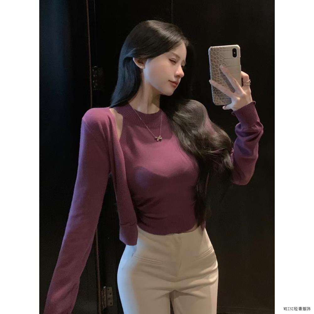 秋冬女性紫色无袖高领针织性感欲望轻奢网红风上衣开衫两件套纯美