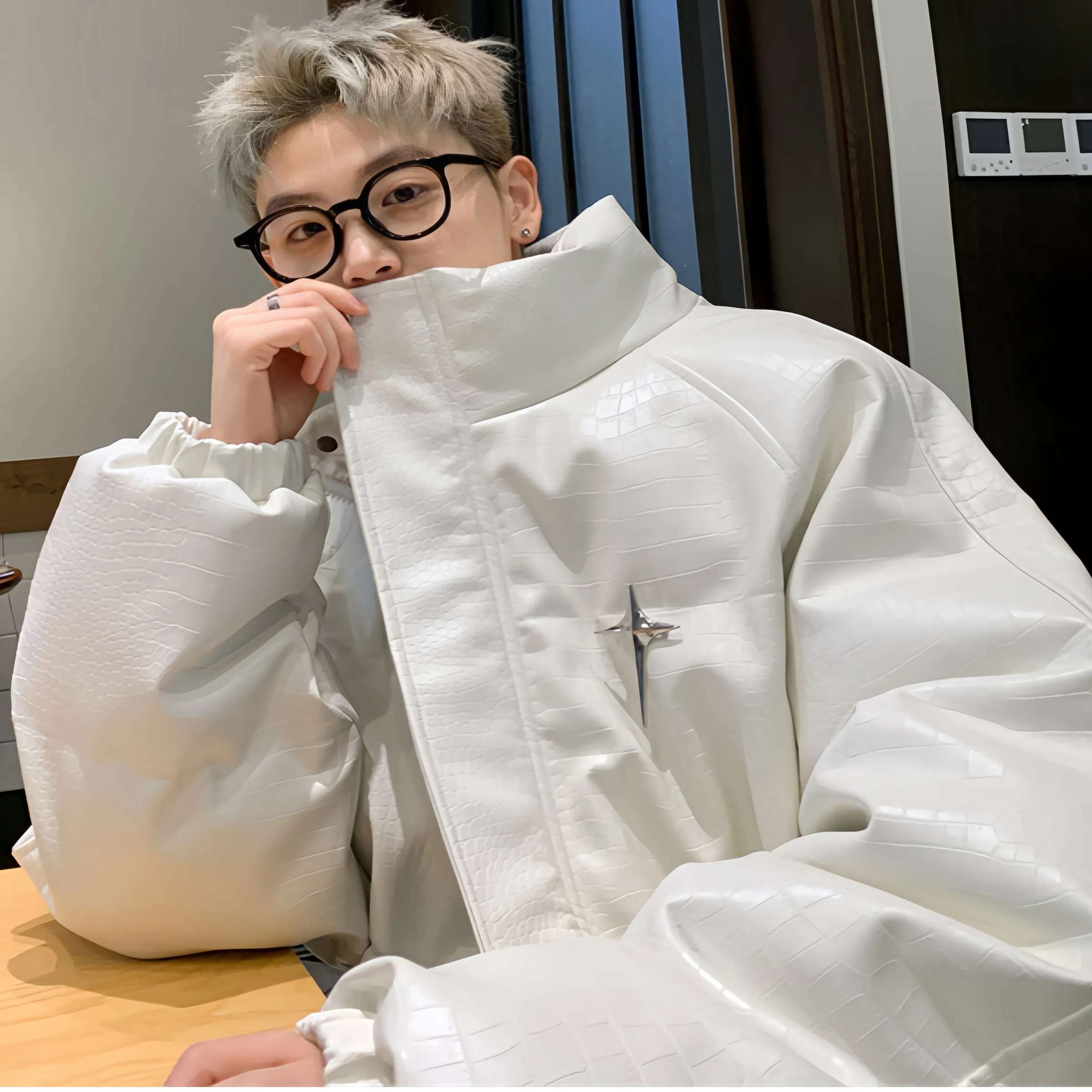 美式白色PU皮棉服男款冬季cleanfit加厚面包棉服高级感立领外套