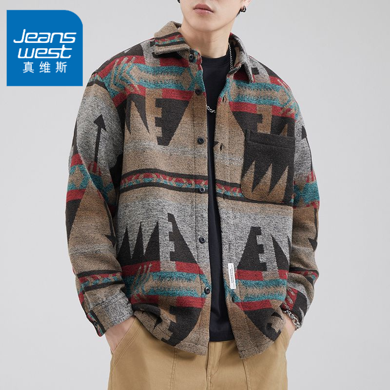 真维斯日系复古加厚条纹长袖衬衣外套男士慵懒风宽松休闲百搭潮流