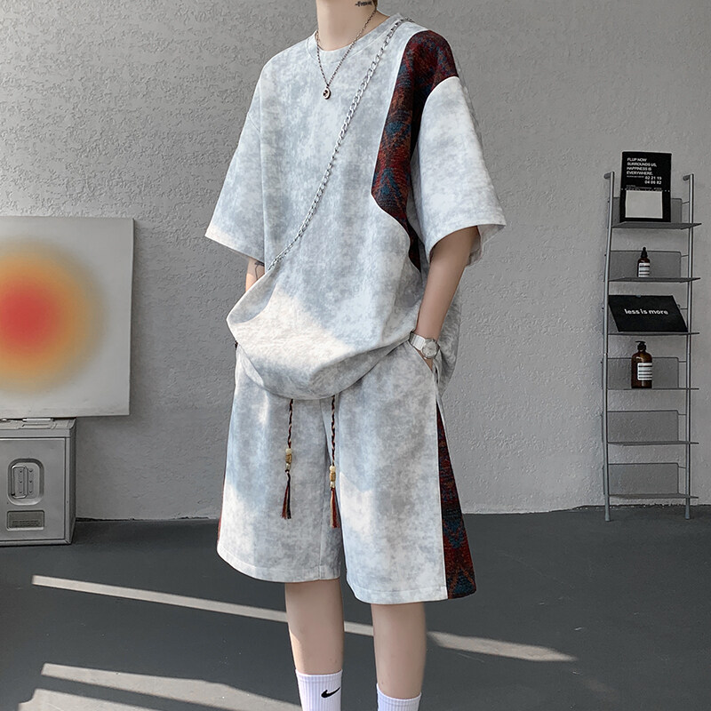隐匿者2025夏季新款百搭扎染拼接短袖套装男港风潮流帅气运动套装