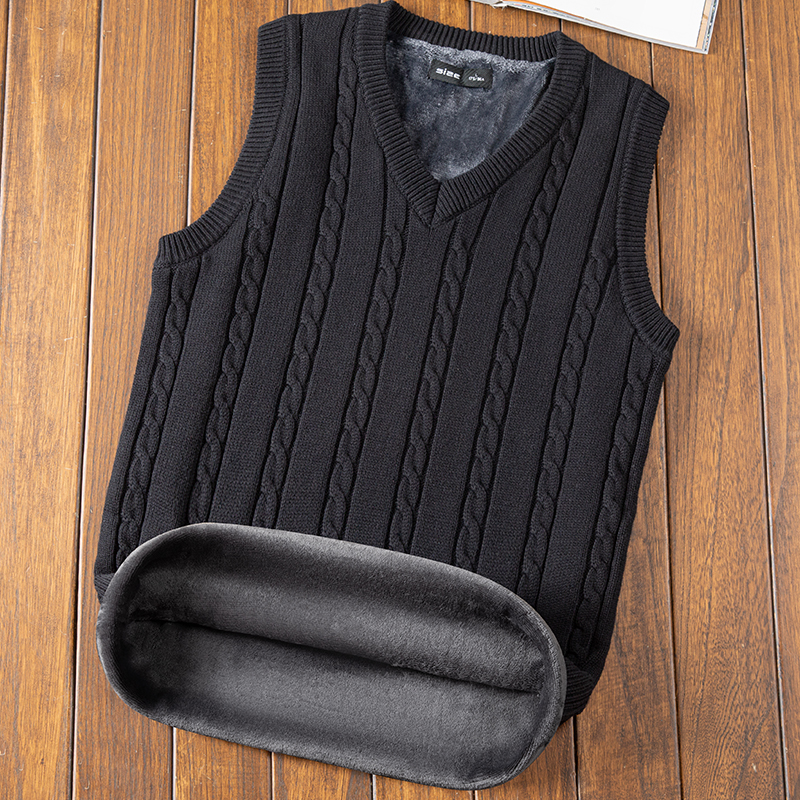 V领加绒加厚毛衣男款冬季针织背心保暖休闲打底衫马甲中老年爸爸