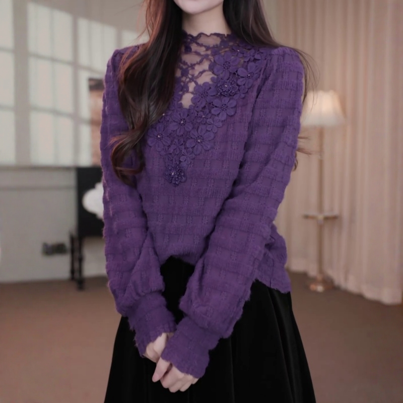 韩系半高领蕾丝拼接打底衫女2026秋冬季新款法式轻奢时尚洋气上衣