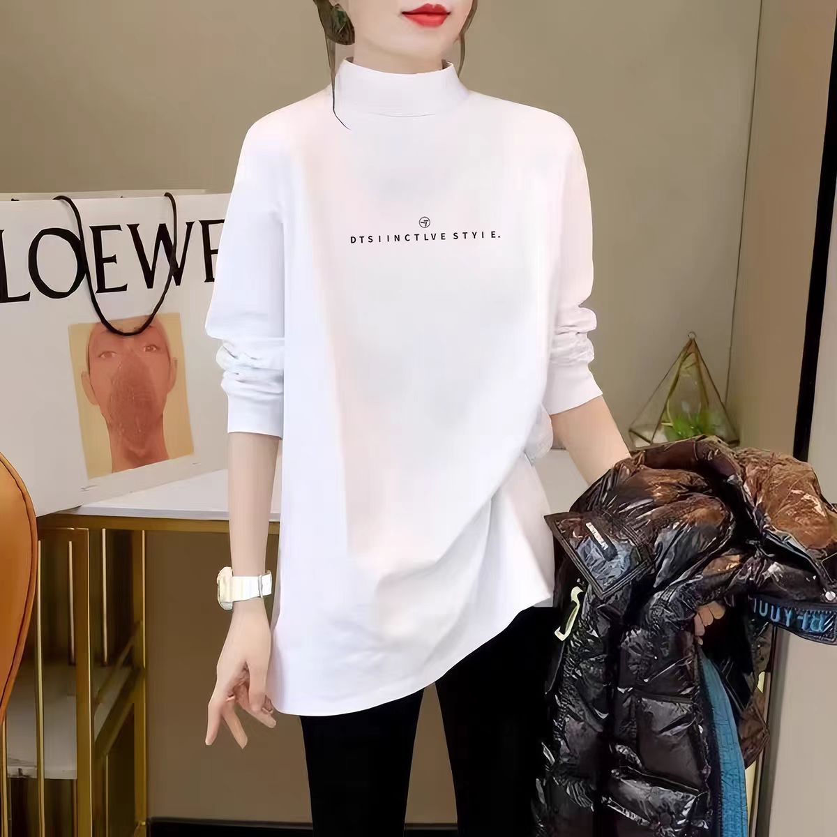 欧货加绒白色半高领打底衫女内搭2025中长款新款秋冬长袖t恤上衣