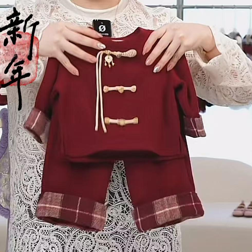 儿童拜年服汉服安哥拉红冬男女宝宝新年加绒加厚中国风旗袍裤套装