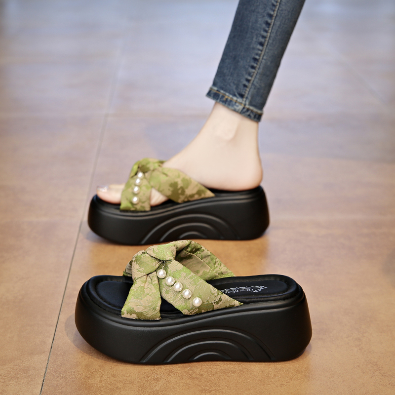 拖鞋女夏外2025年夏季时尚百搭厚底增高软底轻便国风串珠凉拖鞋潮