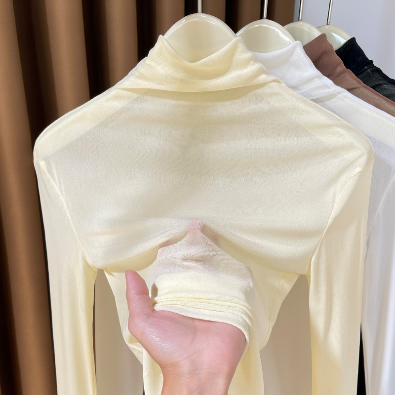 2025新款堆堆高领网纱内搭小衫女长袖春秋高级感蕾丝打底衫女薄纱