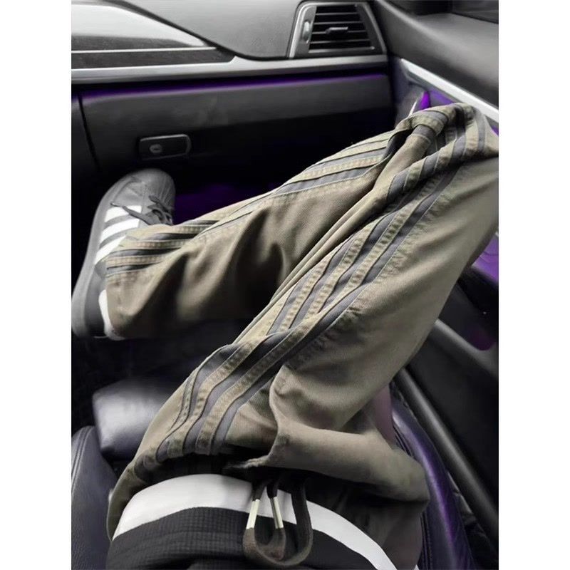 美式复古条纹裤子男款夏季薄款潮牌军绿色工装裤直筒三条杠休闲裤