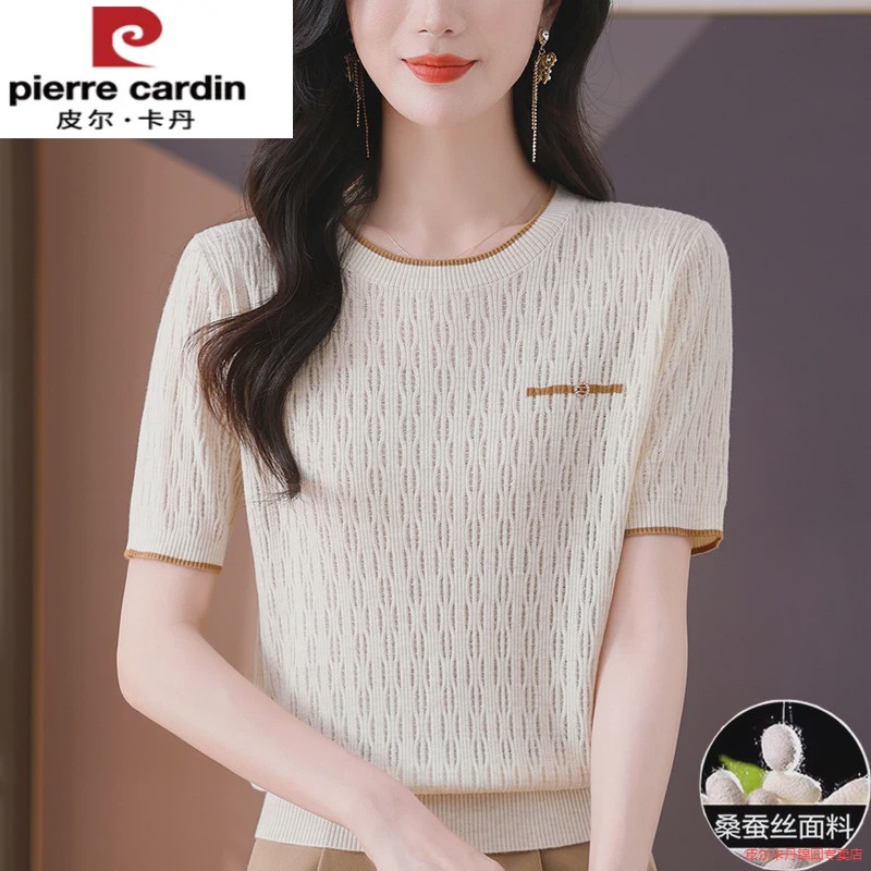 皮尔卡丹桑蚕丝短袖女t恤夏装薄款冰丝针织衫妈妈正肩短款上衣