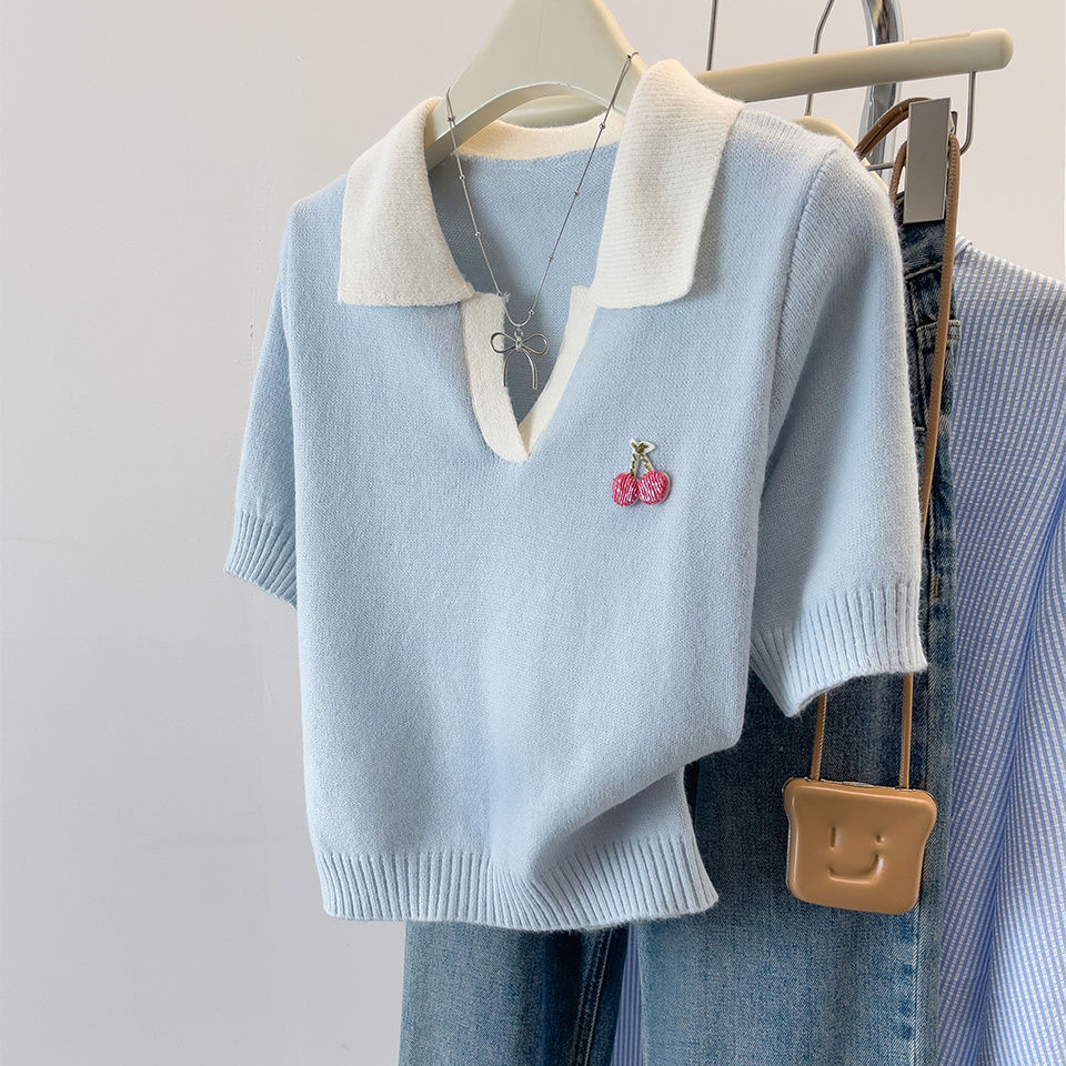 小香风v领短袖t恤女夏季小个子法式小香风气质短款撞色上衣