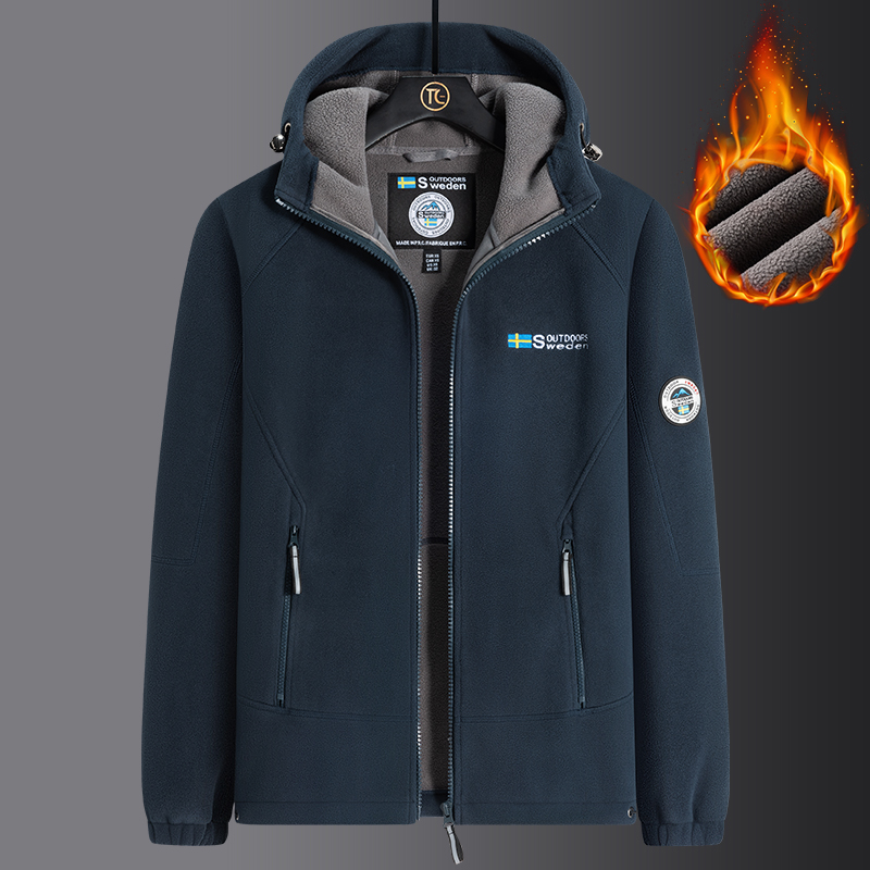 雅鹿男装秋冬季户外运动休闲加绒加厚保暖抓绒衣连帽宽松卫衣外套