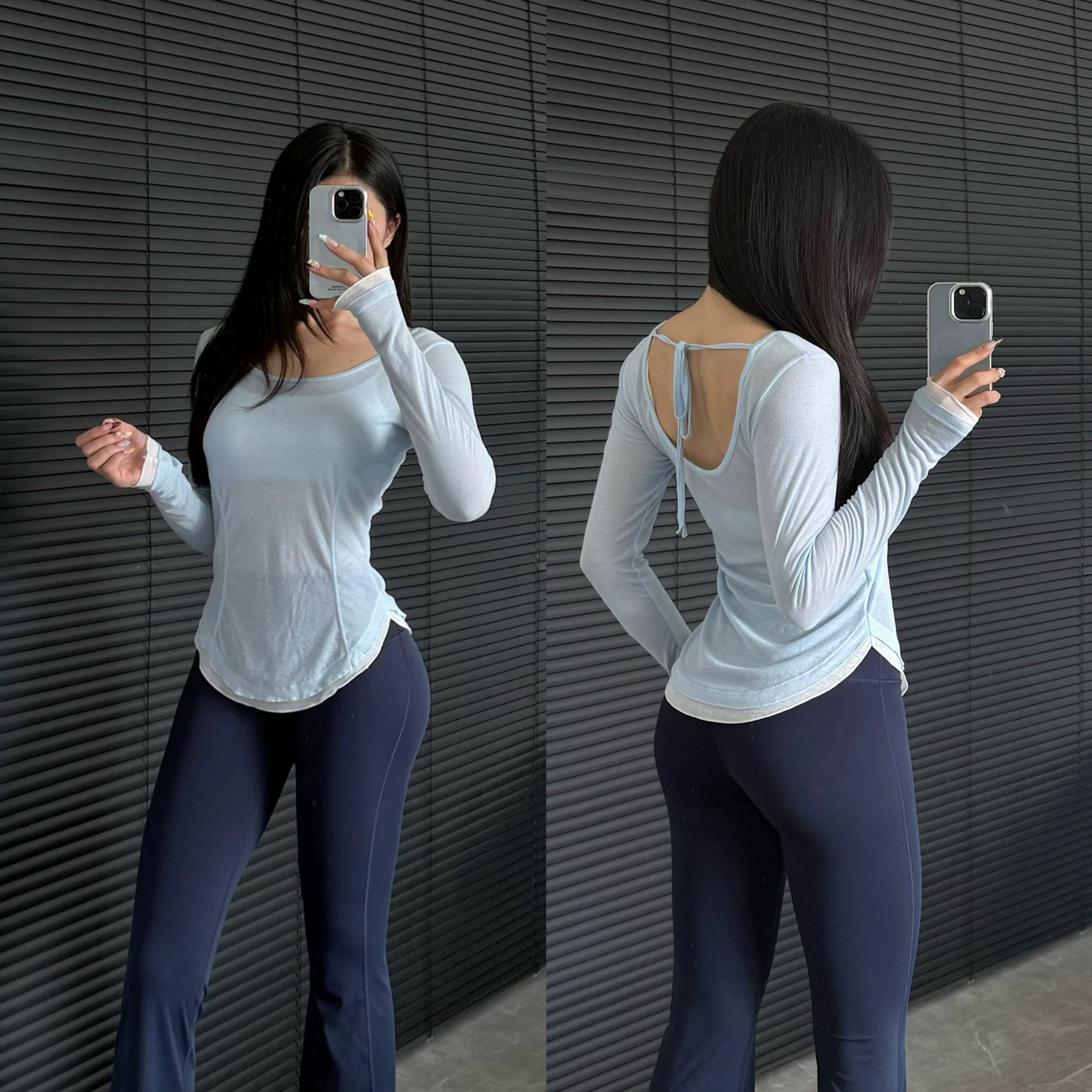 修身显瘦薄款透气撞色女士长袖系带美背瑜伽罩衫健身上衣