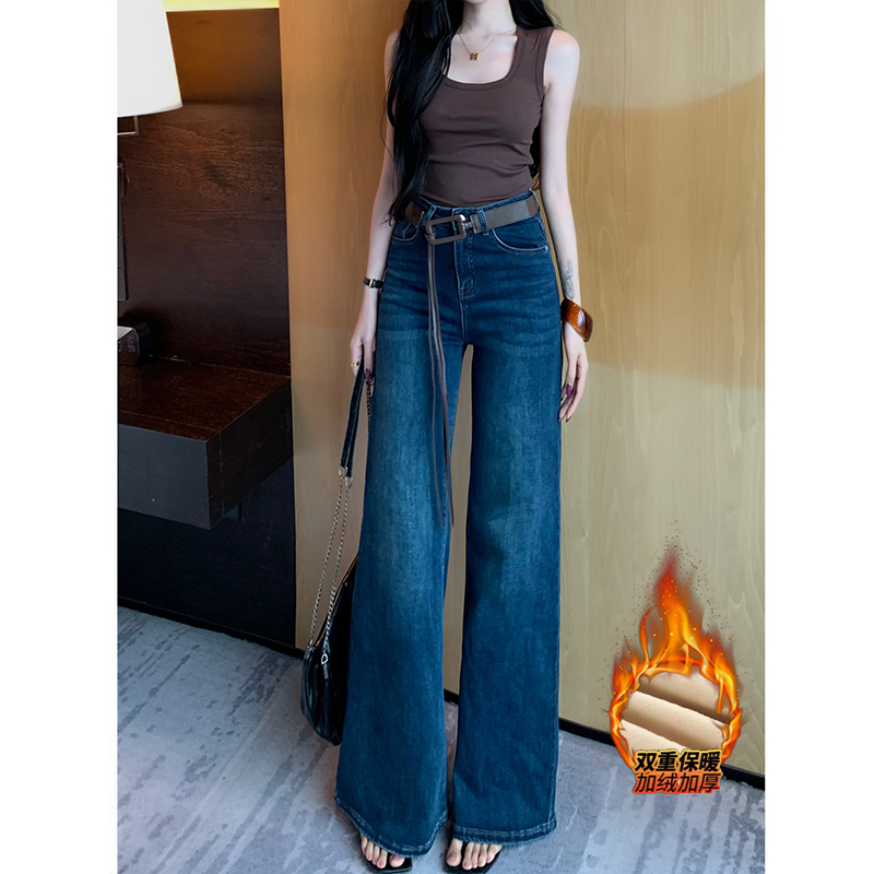 百搭复古不贴腿加绒微喇牛仔裤女2025冬季新款高腰宽松显瘦拖地裤