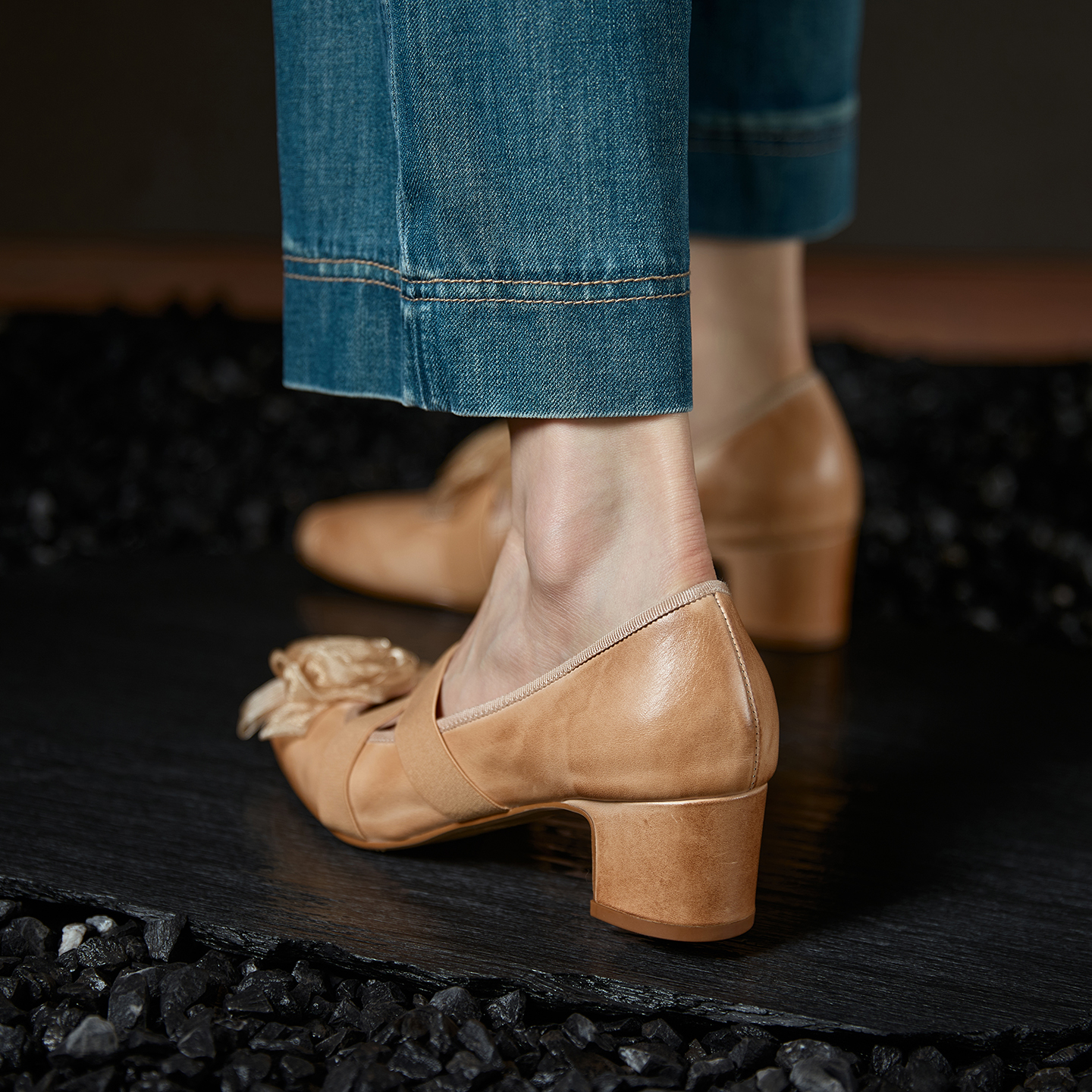 4.5cm~真皮法式交叉带玛丽珍鞋女粗跟擦色芭蕾鞋晚晚鞋浅口单鞋女