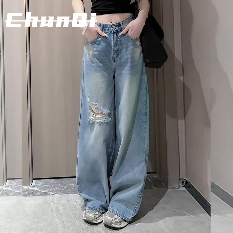淳启复古破洞直筒牛仔裤子女高腰显瘦春夏季阔腿裤小个子拖地长裤