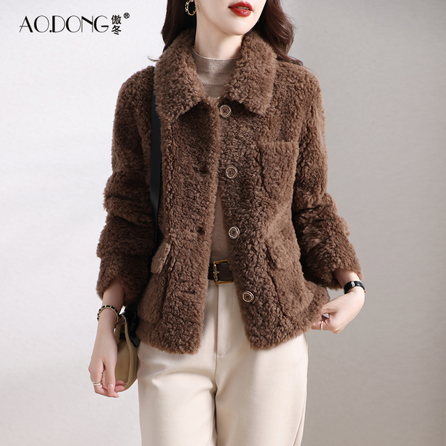 海宁颗粒绒皮草外套女装短款一体保暖加厚简约韩版羊羔毛大衣冬季