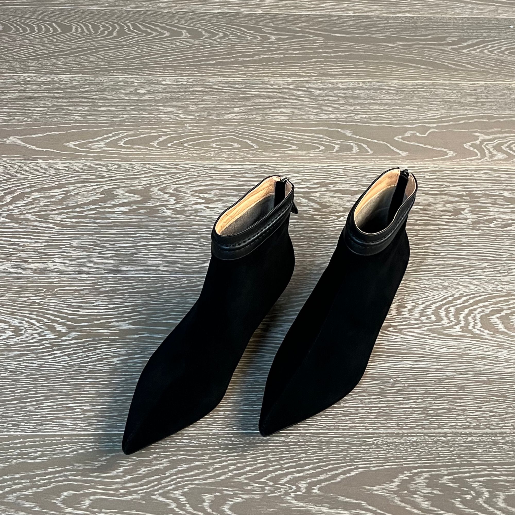 3.5CM羊反皮不累脚高跟靴尖头时尚短靴百搭后拉链裸靴法式绒里鞋