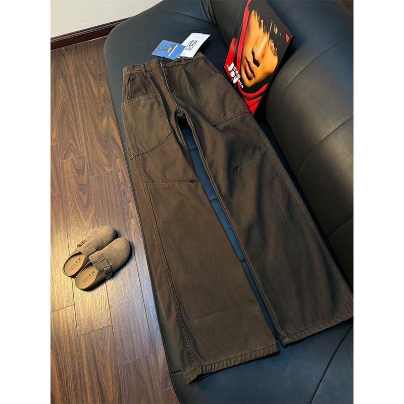 美式复古工装牛仔裤男款冬季加绒重磅纯棉弯刀裤阔腿显瘦工装长裤