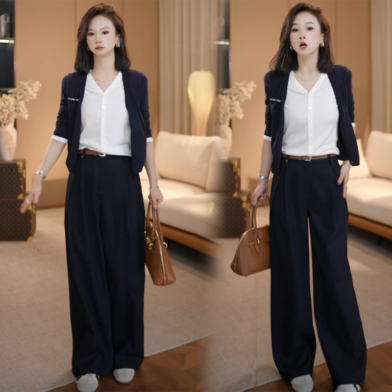 气质秋季氛围感穿搭2025韩系通勤假两件长袖针织开衫西装裤套装