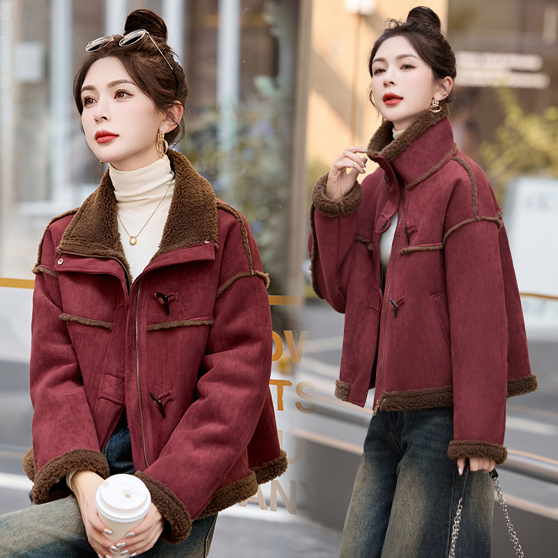 皮毛一体羊羔毛外套女冬2025海宁仿鹿皮绒短款加绒加厚机车服夹克
