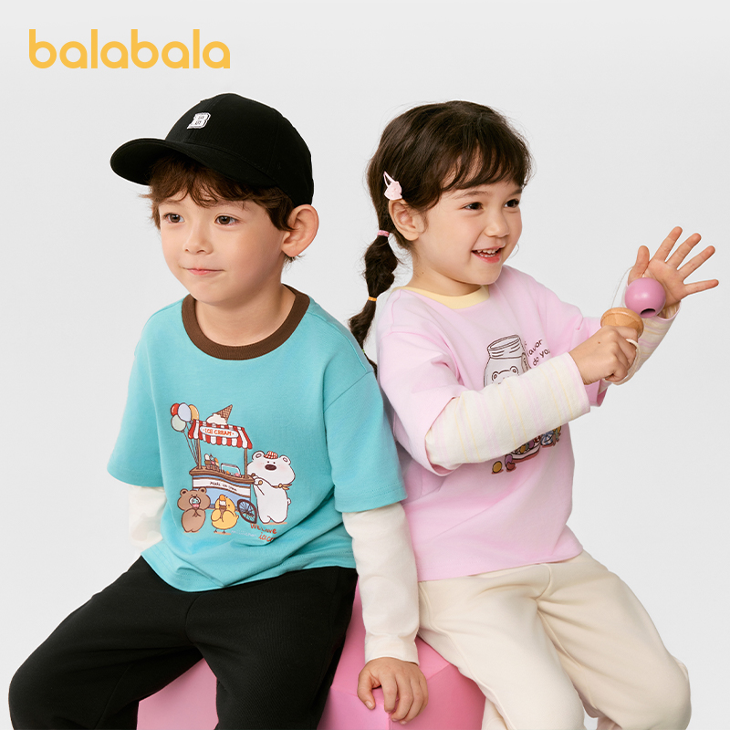 纯棉T恤巴拉巴拉男女童儿童长袖上衣简约秋冬装打底衫宝宝假两件
