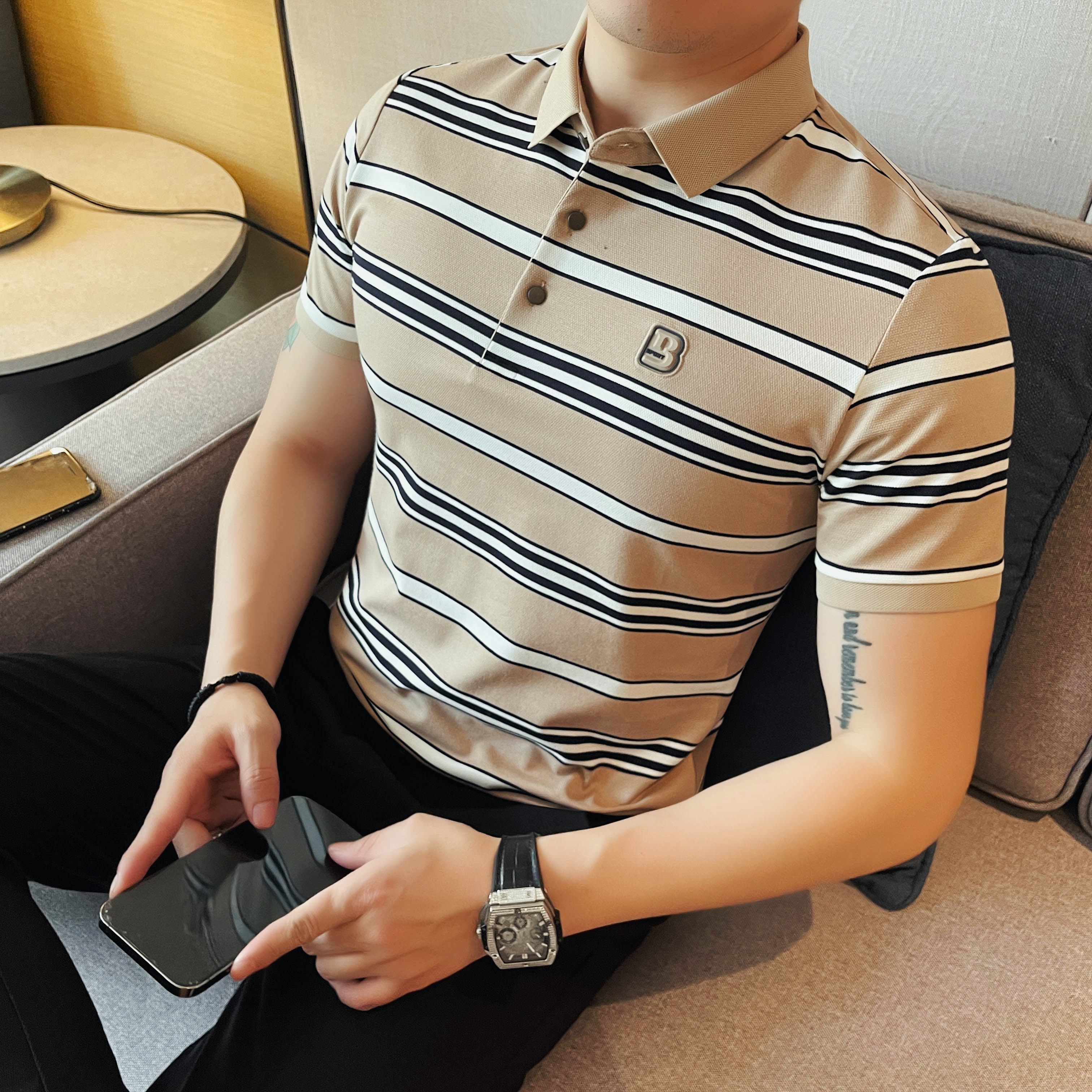 夏季爆款男士修身翻领短袖polo衫时尚潮流条纹半袖T恤保罗上衣