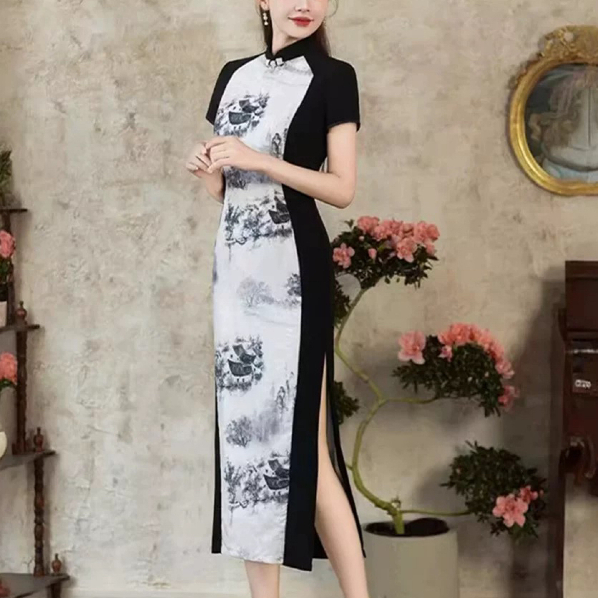 9098-复古改良旗袍连衣裙女水墨拼接高端气质少女短袖日常高贵走