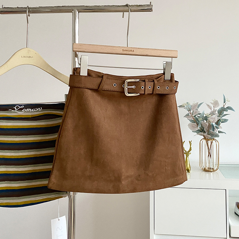 复古辣妹麂皮绒半身裙女秋冬新款高腰修身显瘦小个子a字包臀短裙