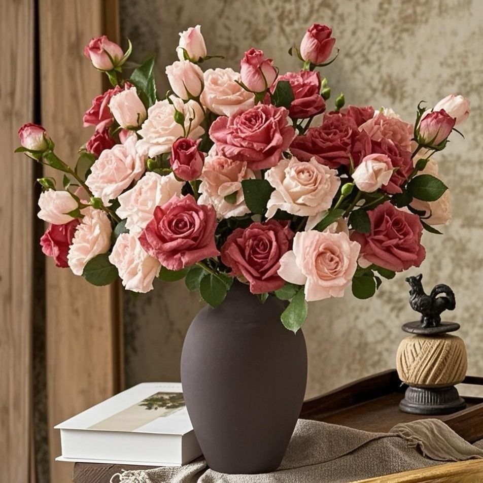 法式焦边玫瑰花假花复古客厅餐桌仿真花装饰干花摆件绢花插花摆设