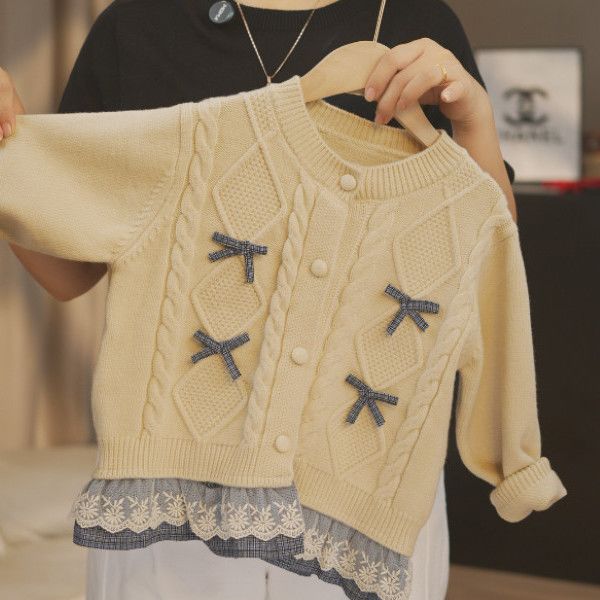 女童毛衣针织新款洋气2025女孩宝宝儿童蝴蝶结上衣开衫外套