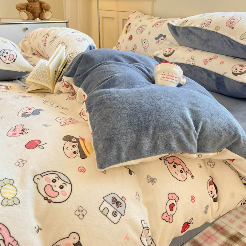 冬天加绒被套单件牛奶绒四件套1.5m双面绒主卧用品床上印花三件套